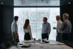 Des professionnels dans une salle de réunion organisée discutant de plans et de projets urbains.