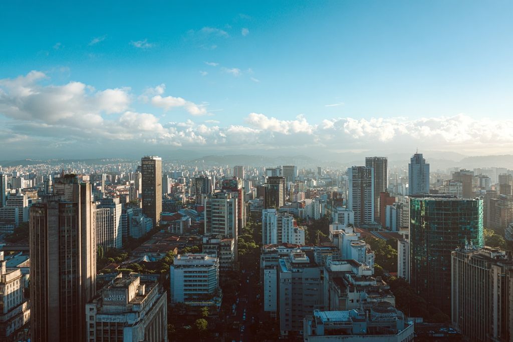 Vue étendue d'une ligne d'horizon citadine montrant clairement des immeubles respectant et violant les normes