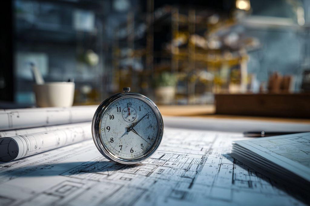 Horloge en mouvement à côté de croquis architecturaux montrant l'urgence des autorisations.