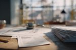 Permis de construire exposé sur un bureau avec des plans à l'arrière-plan