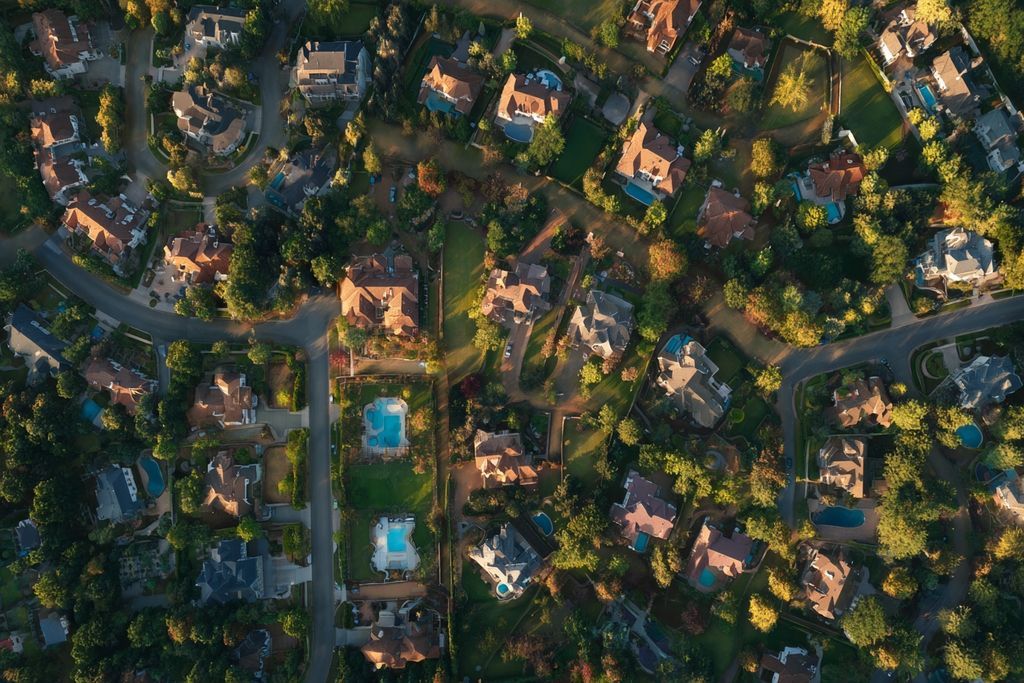 Vue aérienne diversifiée de propriétés résidentielles pouvant nécessiter une régularisation