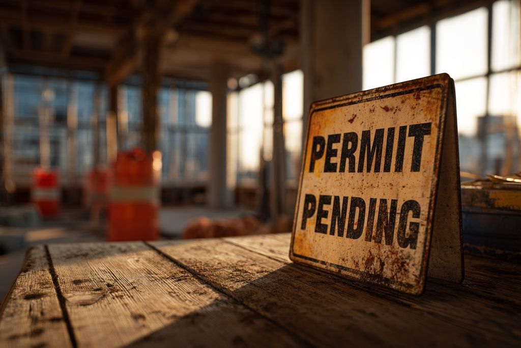 Site de construction en attente avec panneau signalant l'autorisation à venir