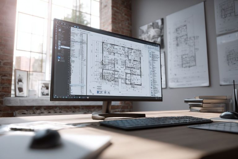 Vue détaillée sur un écran présentant un logiciel d'architecture avec plans des étages et contraintes légales.