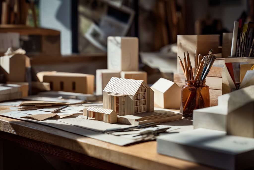 Espace de création avec maquettes et matériaux pour extensions domiciliaires