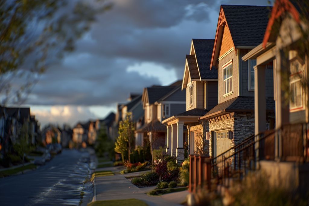 Image d'un quartier tranquille avec des maisons et mise en avant des règles d'urbanisme.