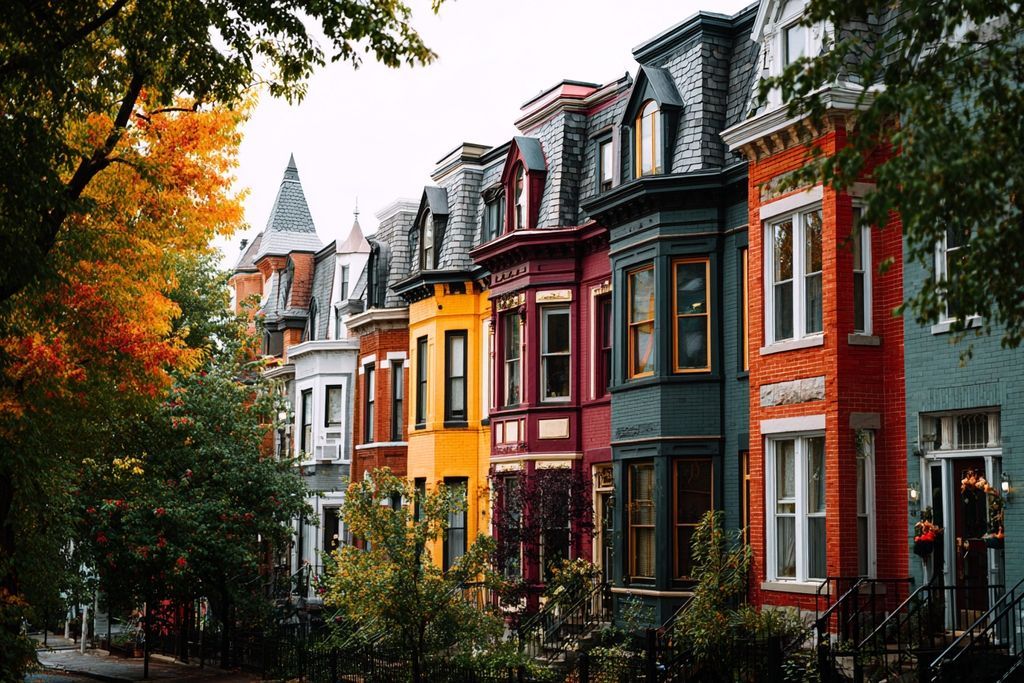 Rue charmante avec des façades variées et esthétiques harmonieuses de quartier