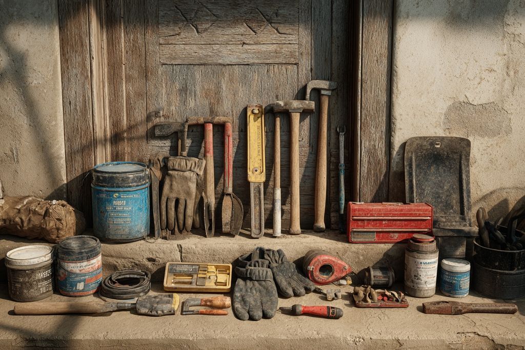 Outils disposés devant une maison ancienne prête pour rénovation