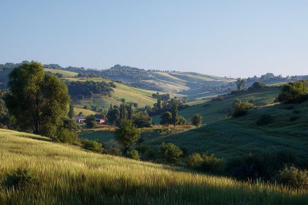 Scène rurale sereine dans une zone naturelle protégée avec des collines ondulantes