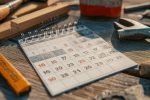 Photo d'un calendrier soulignant une date limite parmi des équipements de chantier