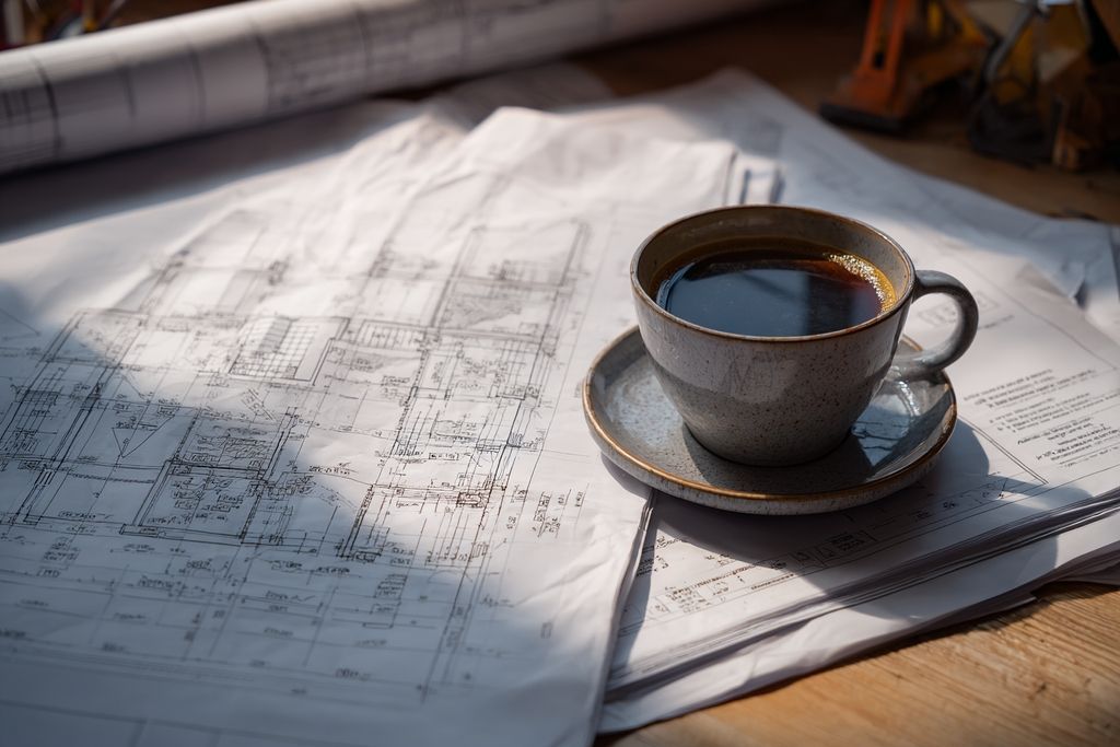 Vue d'un bureau bien rangé avec des plans architecturaux et une boisson chaude