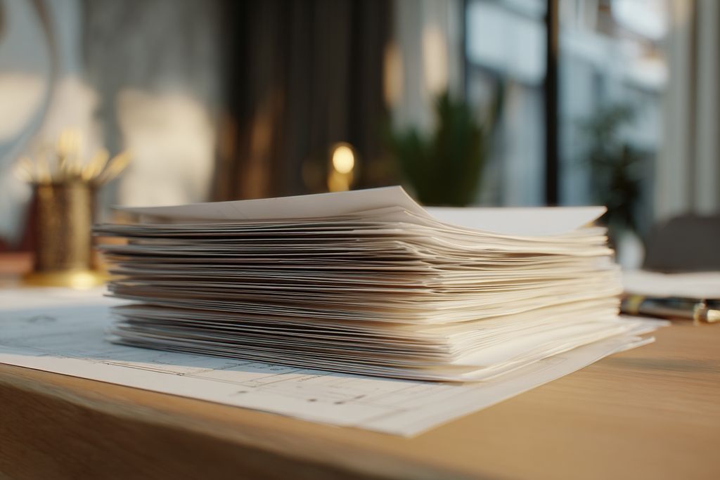 Pile organisée de plans architecturaux et documents légaux sur bureau boisé