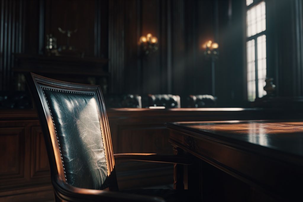 Image d'une salle d'audience avec une chaise vide symbolisant le manque de bonne foi en matière judiciaire.