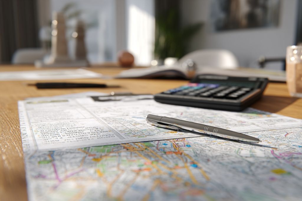 Documents légaux et cartes d'urbanisme sur un bureau avec un stylo et calculatrice