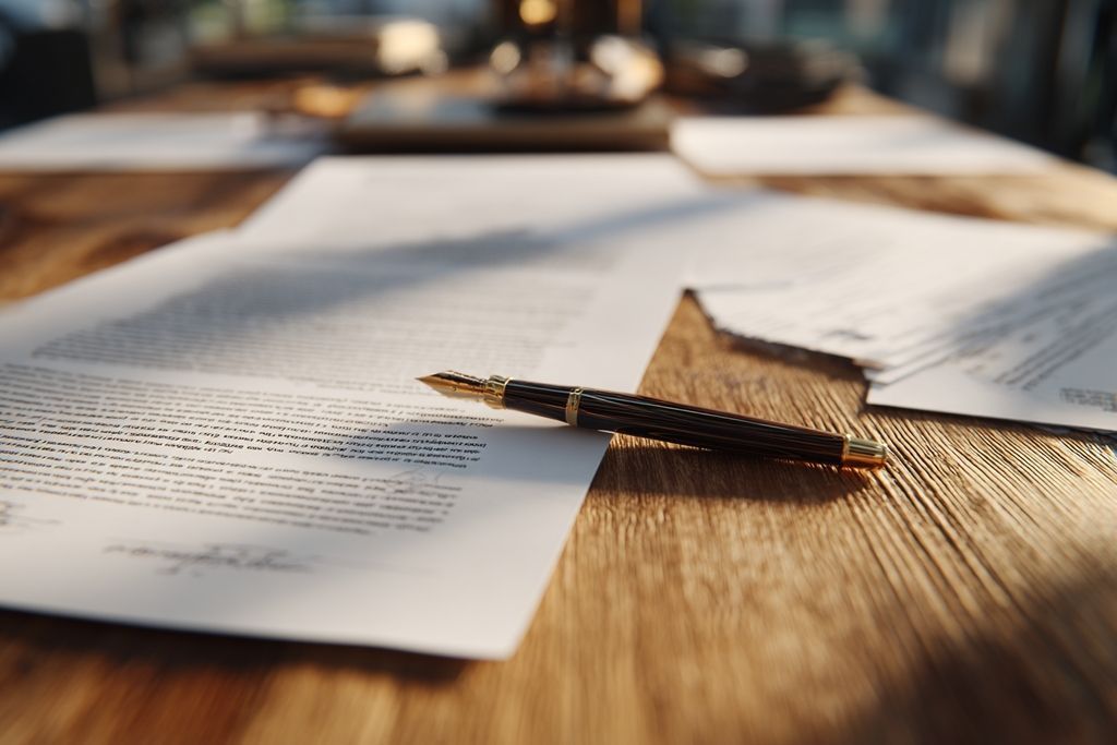 Image rapprochée de documents légaux relatifs aux permis de construire sur un bureau en bois avec un stylo.