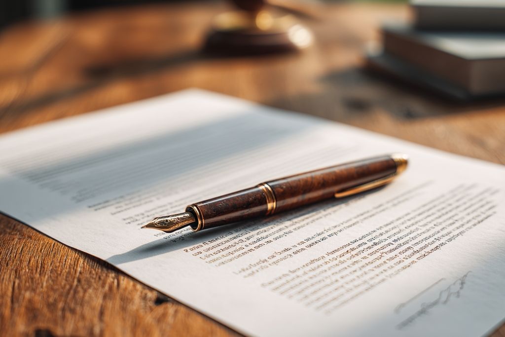 Photo de documents légaux sur une table en bois avec un stylo, illustrant le processus d'appel.