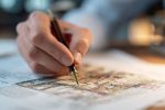 Personne analysant des plans immobiliers avec focus sur non-conformités