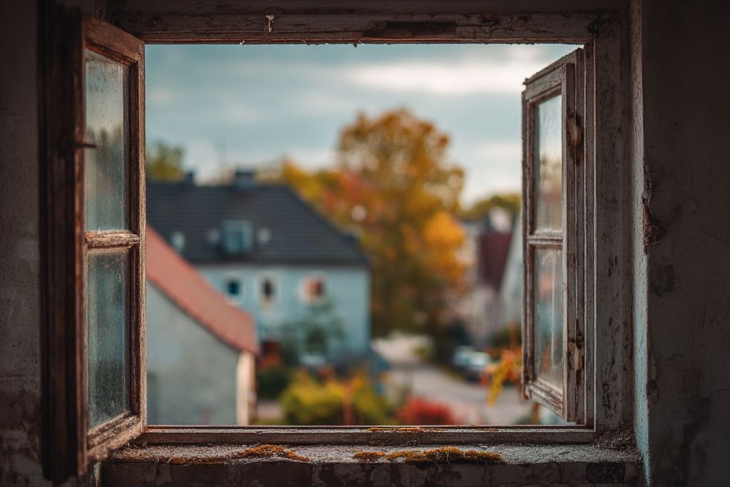 Vue par la fenêtre d'une maison à rénover selon les standards urbains