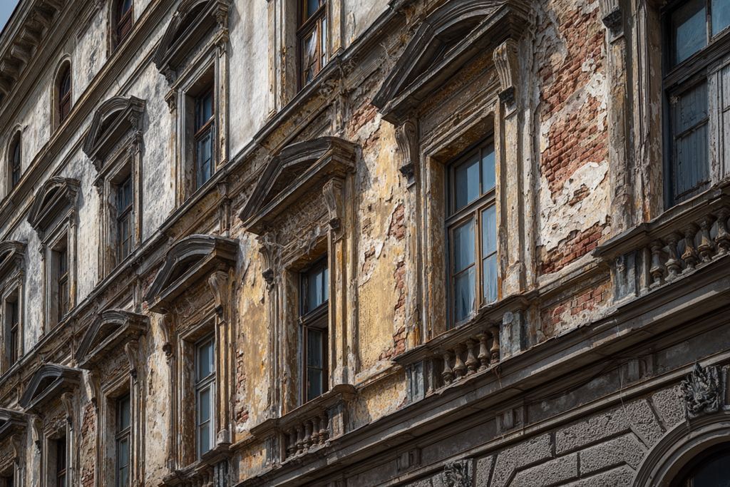 Image d'une vieille façade de bâtiment nécessitant une restauration en raison de l'usure.