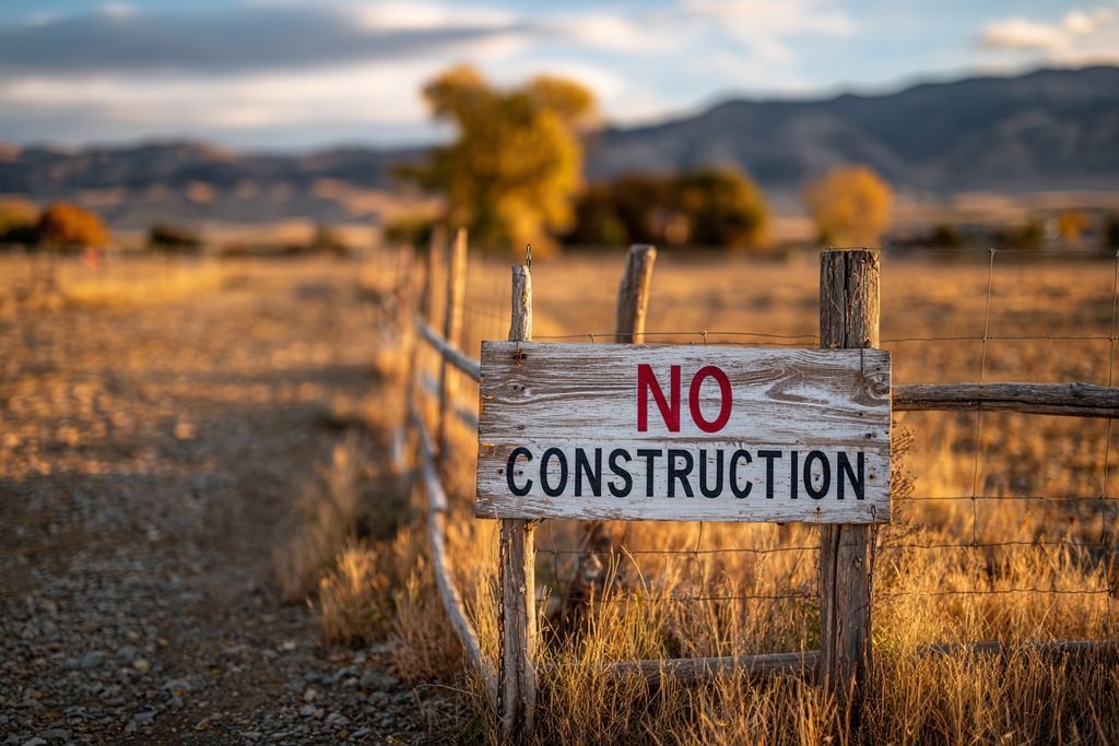 Photo d'un terrain vacant où se dresse un panneau avertissant contre la construction.