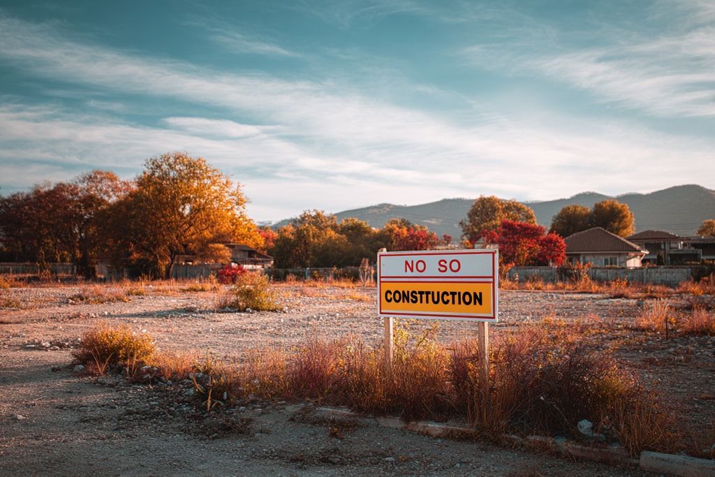 Un lot vide avec un panneau "Interdiction de construire", soulignant les effets des modifications illégales dans l'immobilier.