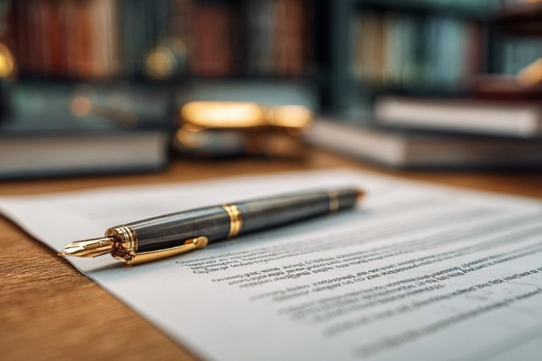 Photographie rapprochée de documents légaux avec stylo symbolisant le silence administratif sur un bureau en bois