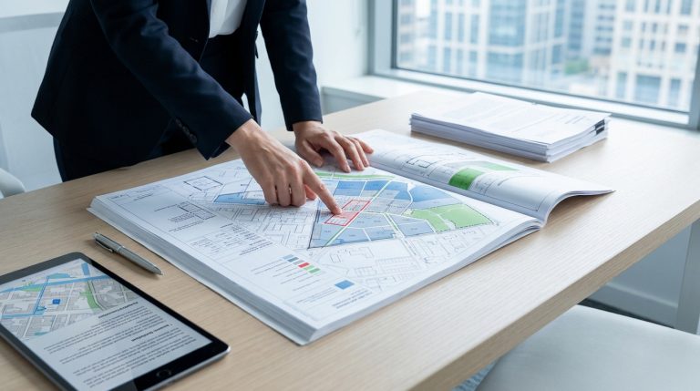 Une personne en costume montre une zone spécifique sur un plan cadastral détaillé étalé sur un bureau de bureau.