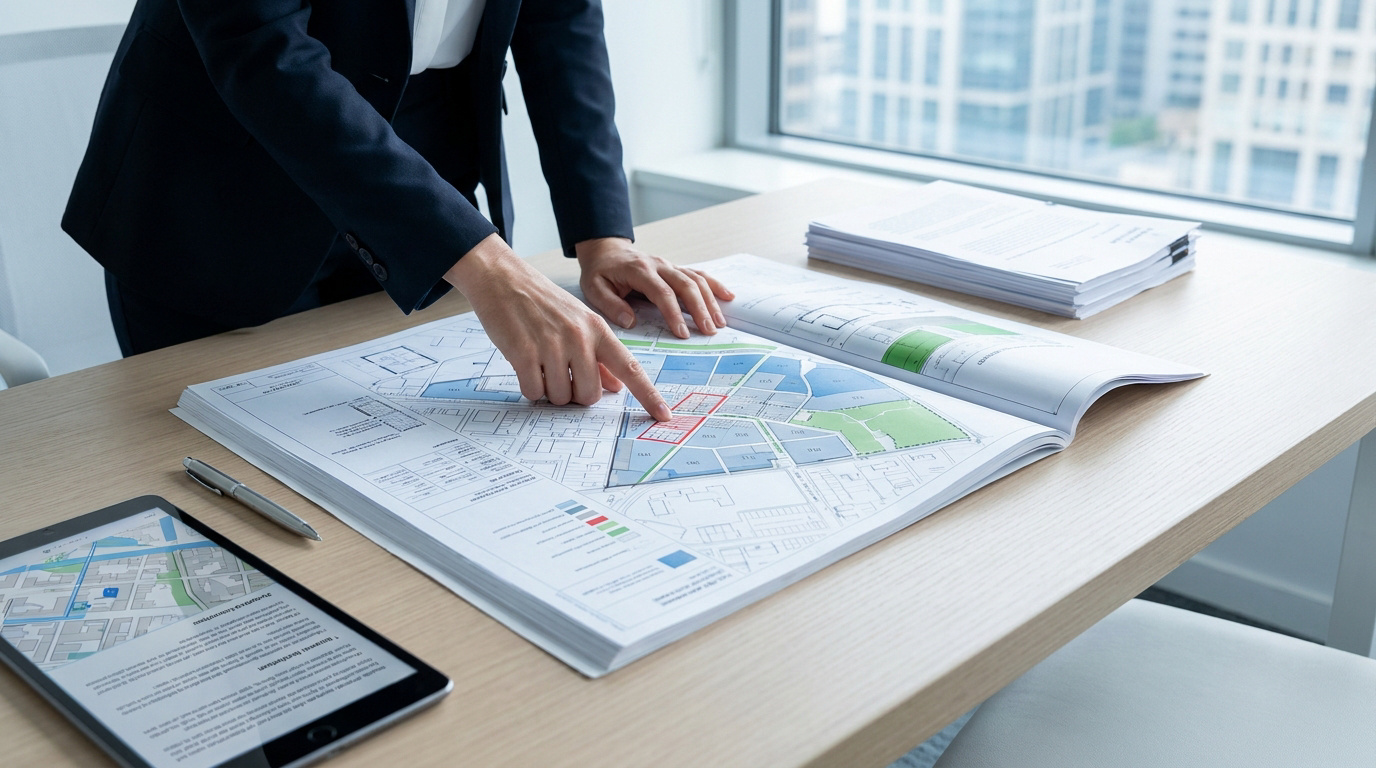 Une personne en costume montre une zone spécifique sur un plan cadastral détaillé étalé sur un bureau de bureau.
