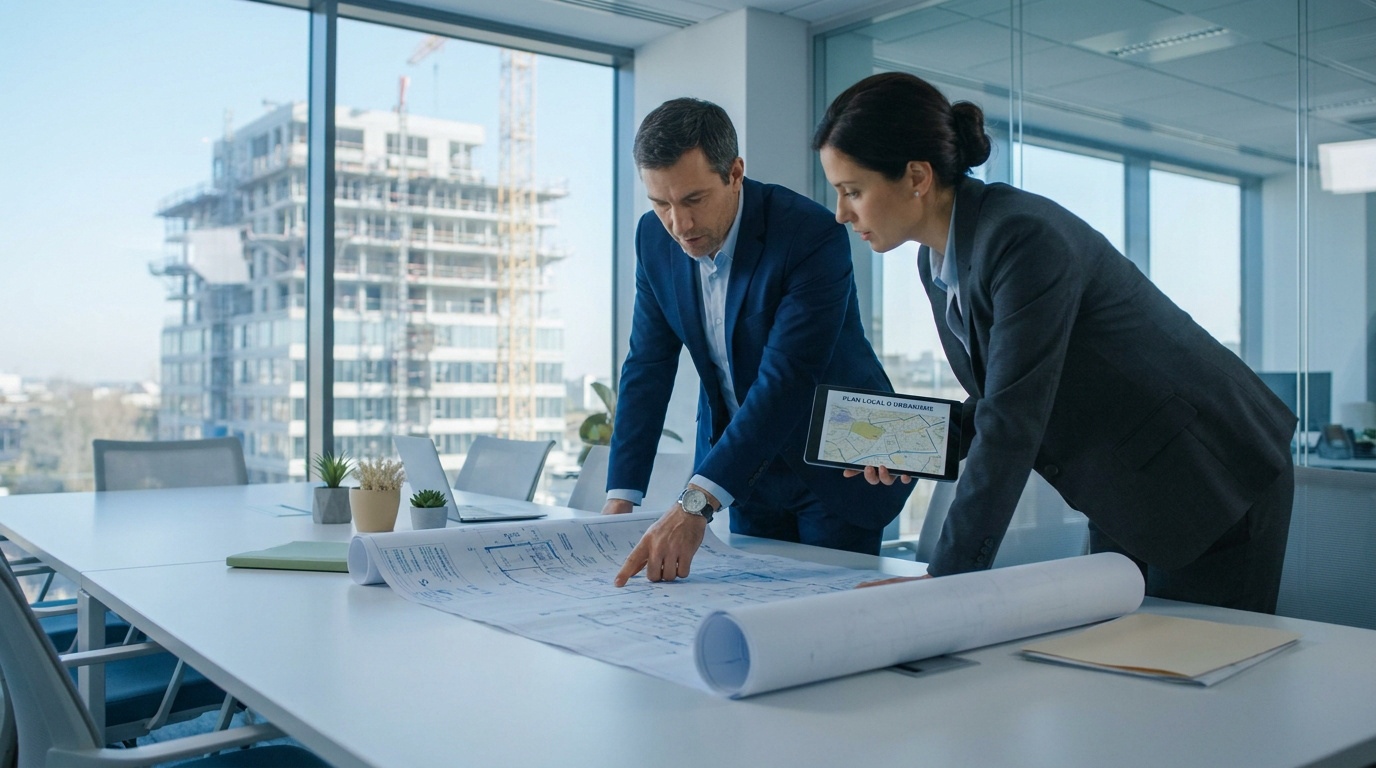 Un avocat et une cliente examinent des plans architecturaux et un document de PLU dans un bureau vitré.
