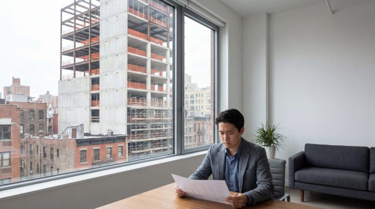 Un homme en costume assis à un bureau examinant un document avec un chantier en construction en arrière-plan.