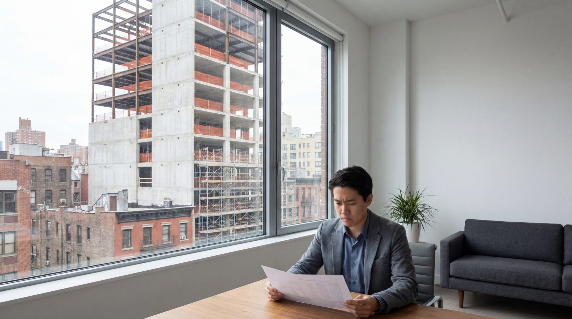 Un homme en costume assis à un bureau examinant un document avec un chantier en construction en arrière-plan.