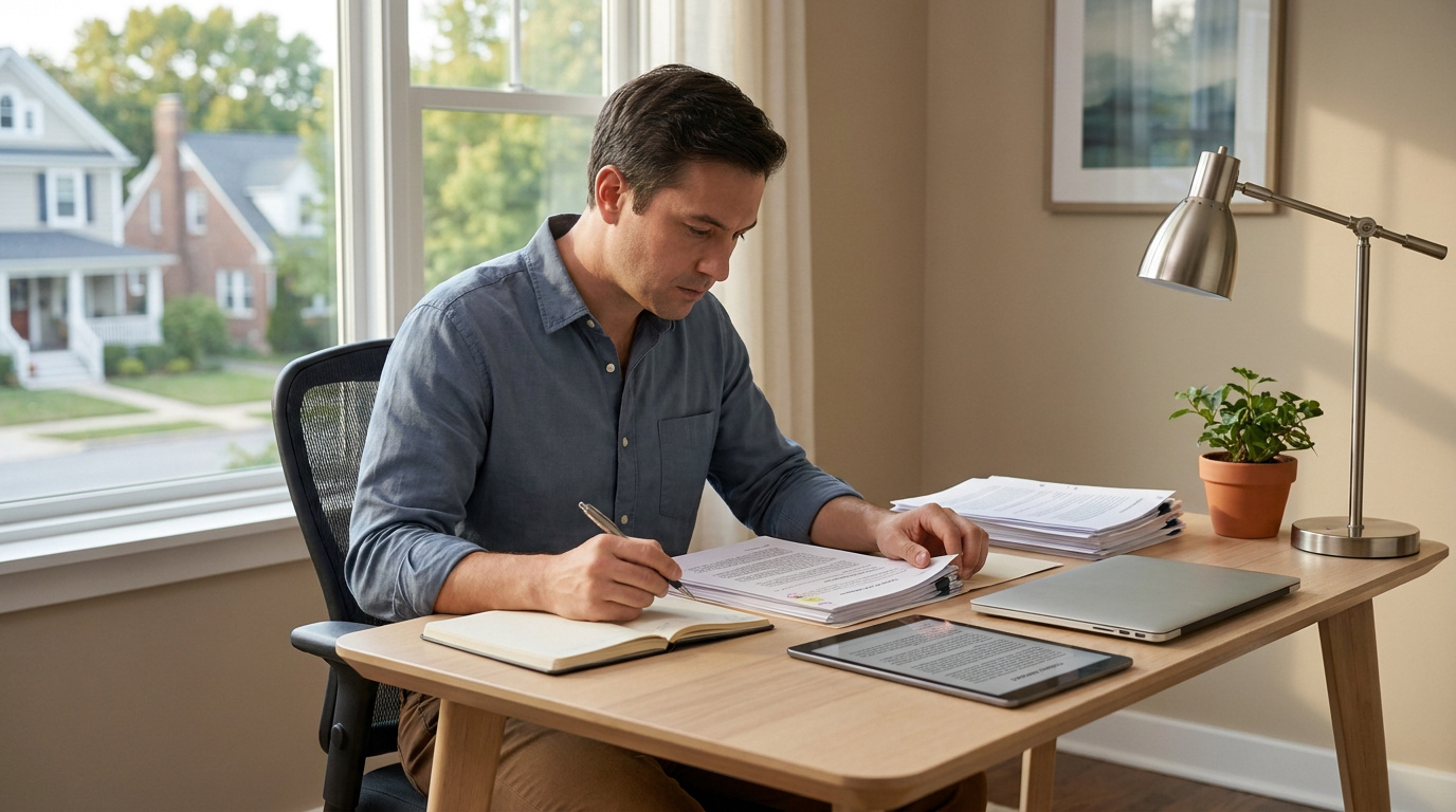 Un homme sérieux assis à son bureau travaille sur des documents juridiques face à une fenêtre donnant sur un quartier.