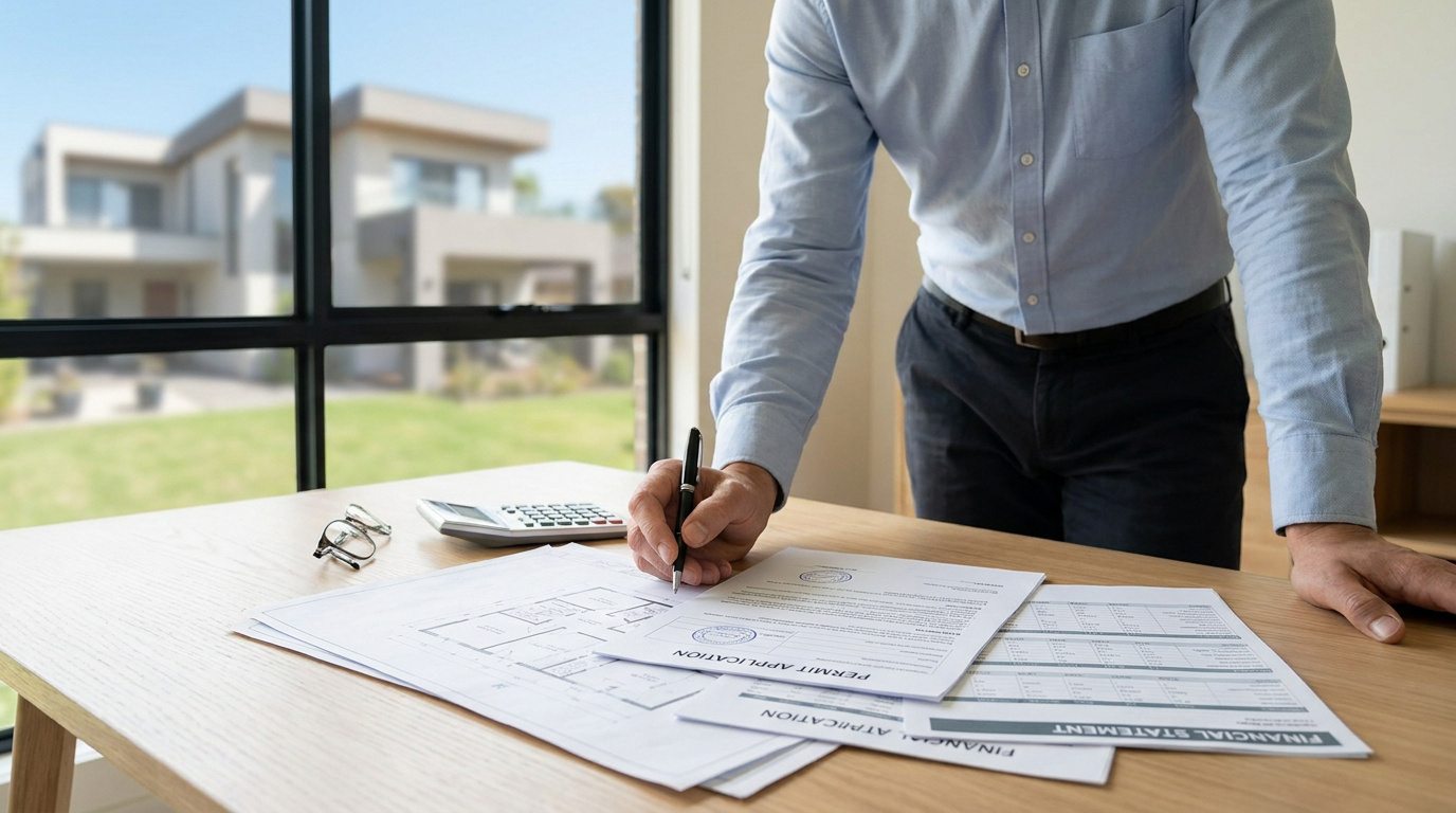 Un professionnel révise des documents de demande de permis devant une maison en arrière-plan.